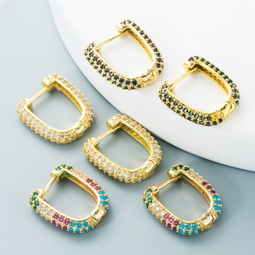 J joyería al por mayor hebilla de oreja de circón de color con incrustaciones de oro laminado en forma de U de doble cara simple
