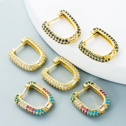 J joyería al por mayor hebilla de oreja de circón de color con incrustaciones de oro laminado en forma de U de doble cara simple