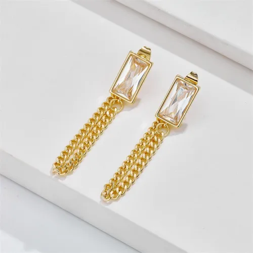 Pendientes de circón de cadena de moda, pendientes de oro real de 14 quilates con galvanoplastia femenina