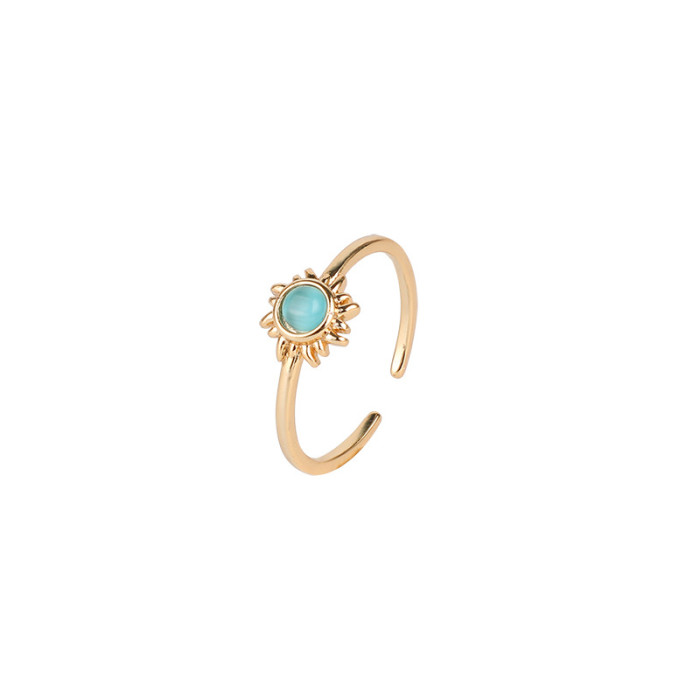 Anillo ajustable abierto de oro real de 14k chapado en latón con piedras preciosas de sol retro a la moda