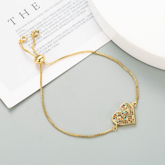 Joyería al por mayor oro laminado chapado en oro con microincrustaciones de circón pulsera redonda ajustable en forma de corazón