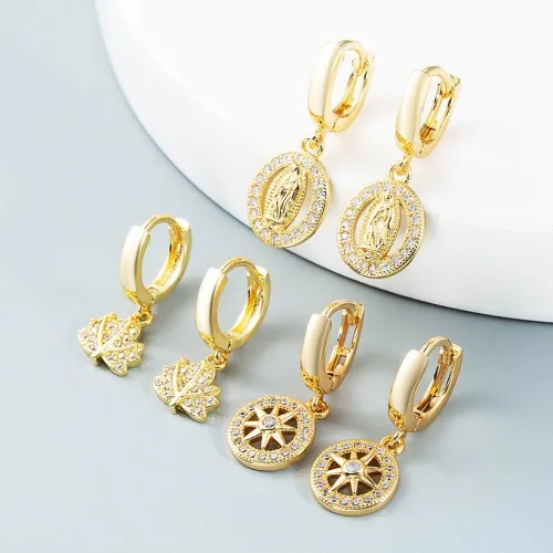 joyería al por mayor simple hueco sol hojas Virgen María pendientes de oro laminado