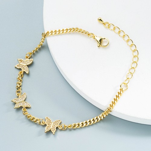 Joyería al por mayor, cadena de mariposa simple, pulsera de circón con incrustaciones de oro laminado