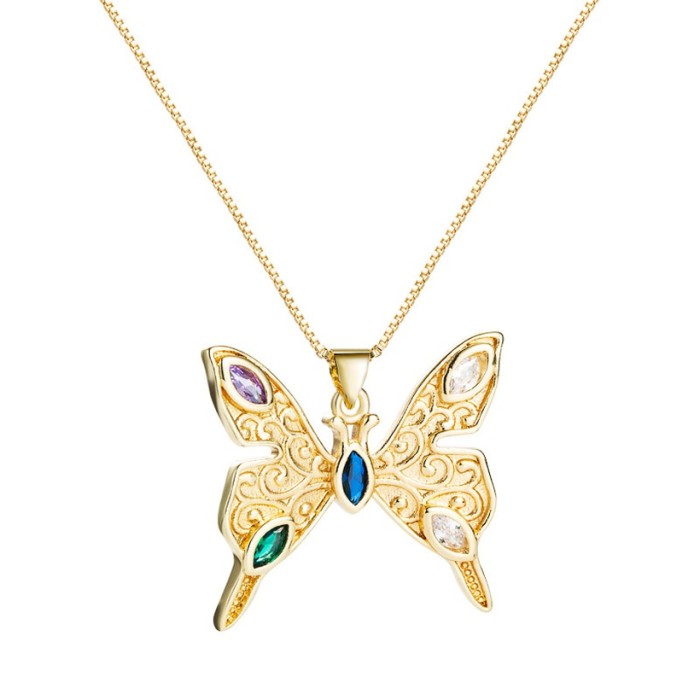 Joyería al por mayor, colgante de mariposa hueca de moda, collar chapado en oro de oro laminado