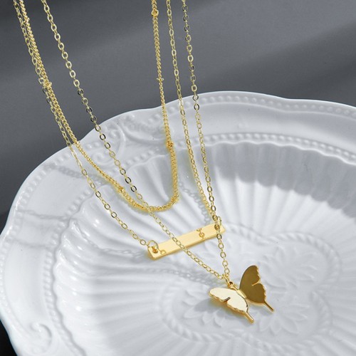 Collar de tres capas con colgante de mariposa a la moda, collar de oro laminado