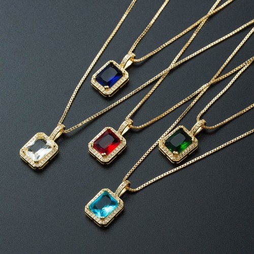 Joyería al por mayor, collar con colgante de circón de oro laminado con piedras preciosas multicolores cuadradas creativas