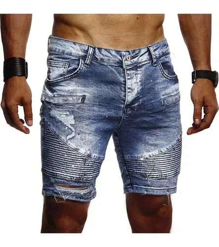 Men Fashion Ripped Crease Denim Shorts S-XXL