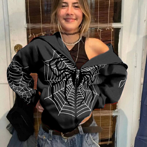 Spring and Autumn Cobweb Zipper Sweatshirt Women's Casual Hoodie Fleece American Jacket