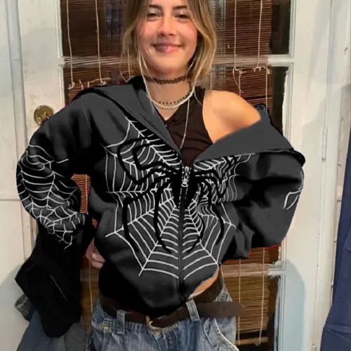 Spring and Autumn Cobweb Zipper Sweatshirt Women's Casual Hoodie Fleece American Jacket
