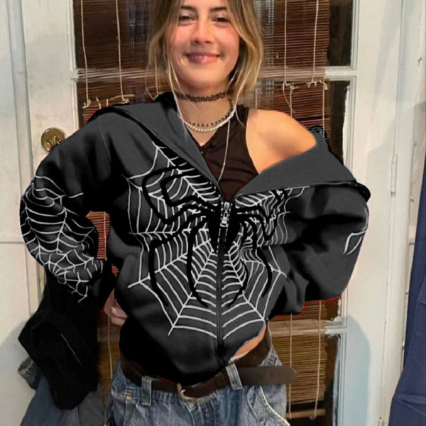 Spring and Autumn Cobweb Zipper Sweatshirt Women's Casual Hoodie Fleece American Jacket