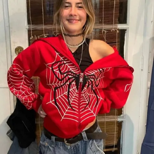 Spring and Autumn Cobweb Zipper Sweatshirt Women's Casual Hoodie Fleece American Jacket