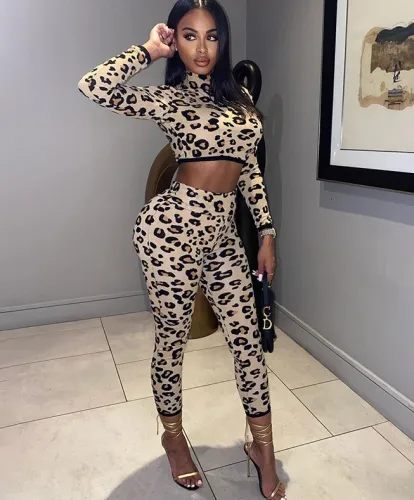 Autumn Party Sexy Leopard Crop Top and Pants Set