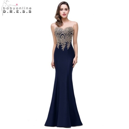 Cheap Sheer Gold Applique Royal Blue Lilac Mermaid Bridesmaid Dresses 2016 Long Wedding Party Dress robe demoiselle d'honneur