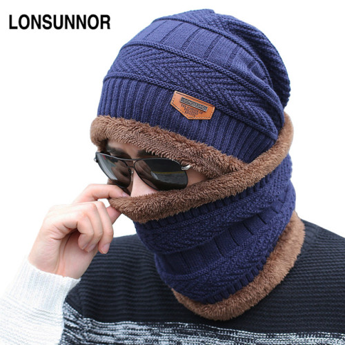 LONSUNNOR Thicken Neck Warmer Winter Hat Scarf Set Fleece