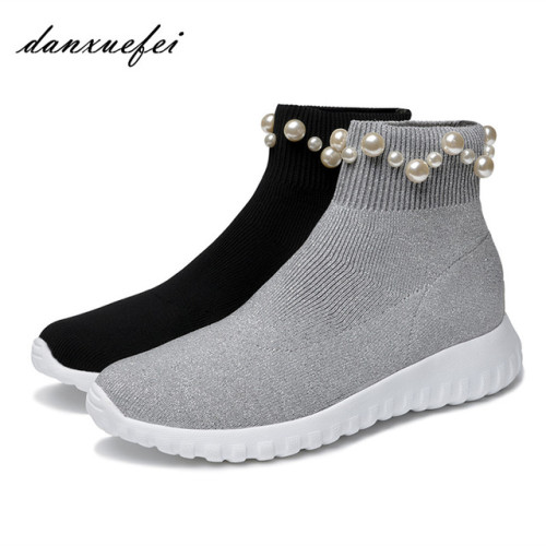 Women's Knitting Upper Sock Slip-on Autumn Ankle Boots Brand Designer Beading Decoration Short Booties Leisure