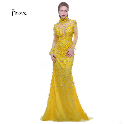 Finove Prom Dress Yellow 2017 High Neck Long Sleeves See Through Back Beading with Flowers Formal Evening Dress Vestido de Festa