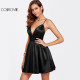 COLROVIE Black Bustier Satin Cami Dress Sexy Party Women Backless Empire A Line Dresses 2017 Deep V Neck Zip Back Skater Dress