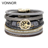 VONNOR Jewelry Bracelets for Women Multi-layer Leather Rope Rhinestone Alloy