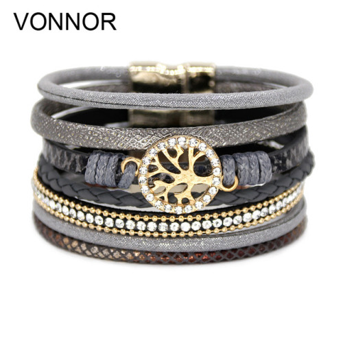 VONNOR Jewelry Bracelets for Women Multi-layer Leather Rope Rhinestone Alloy