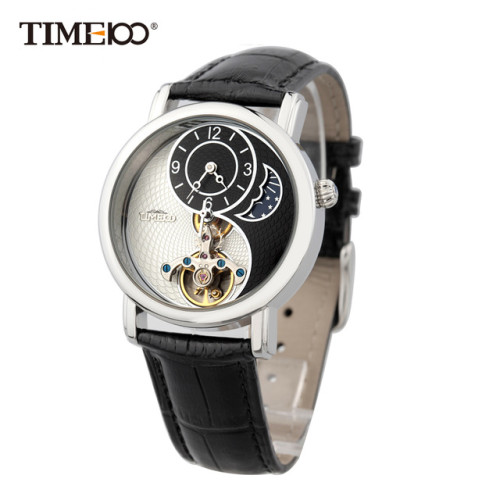 Time100 Unisex Skeleton Mechanical Leather Strap