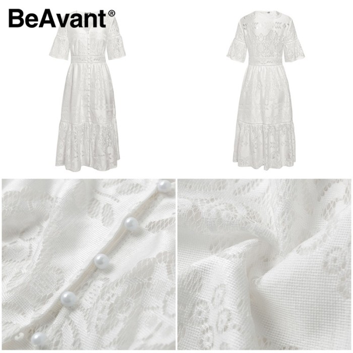 BeAvant Embroidery Lace Party Midi Dress Female Fashion High Waist Summer Dress Women 2020 Elegant Dress White Holiday Vestidos