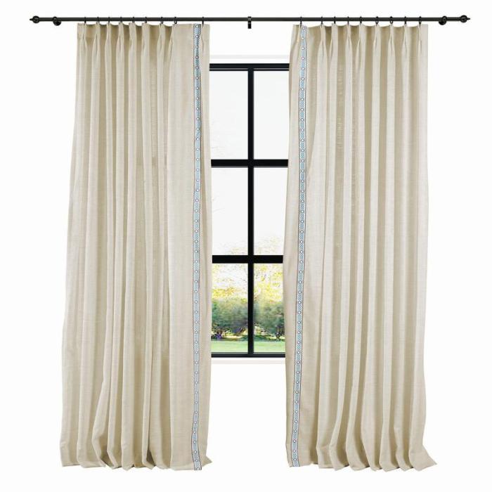 23 1432 AMARA Polyester Linen Curtain Drapery With Decorative Trim Custom Sold Per Pair