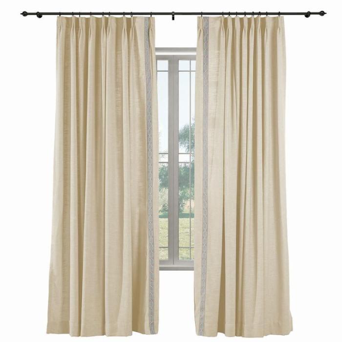AMARA Polyester Linen Curtain Drapery With Decorative Trim Custom Sold Per Pair