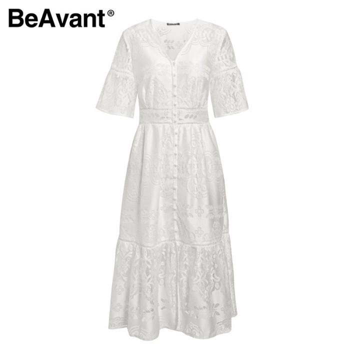BeAvant Embroidery Lace Party Midi Dress Female Fashion High Waist Summer Dress Women 2020 Elegant Dress White Holiday Vestidos