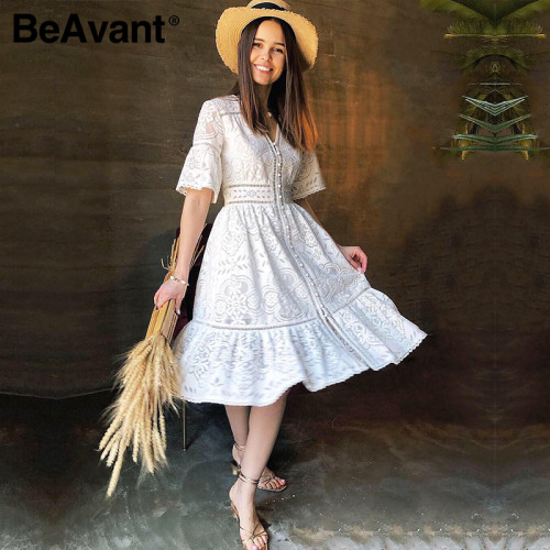 BeAvant Embroidery Lace Party Midi Dress Female Fashion High Waist Summer Dress Women 2020 Elegant Dress White Holiday Vestidos