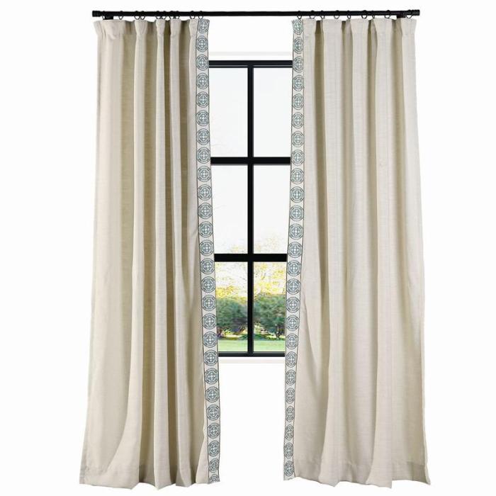 AMARA Polyester Linen Curtain Drapery With Decorative Trim Custom Sold Per Pair
