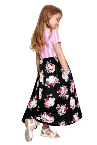 Black Striped Floral Print Little Girls Maxi Dress
