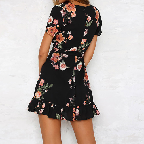 Women Mini Boho Floral Dress Summer Beach Short Sleeve V neck Evening Party bohemian beach dress 2019 Summer style W0619