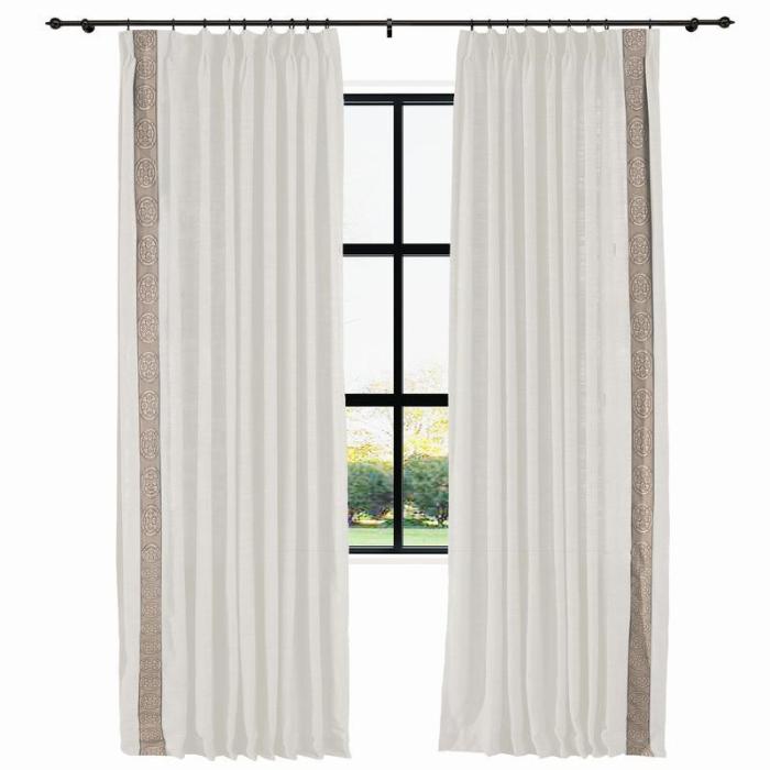 AMARA Polyester Linen Curtain Drapery With Decorative Trim Custom Sold Per Pair