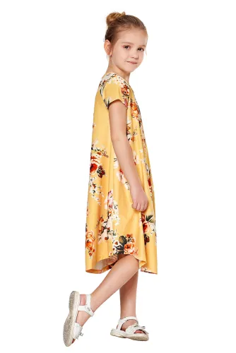 Yellow Short Sleeve Floral Print Toddler Dress