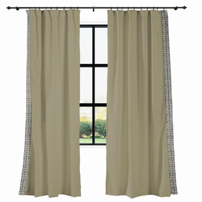AMARA Polyester Linen Curtain Drapery With Decorative Trim Custom Sold Per Pair