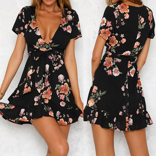 Women Mini Boho Floral Dress Summer Beach Short Sleeve V neck Evening Party bohemian beach dress 2019 Summer style W0619