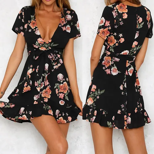 Women Mini Boho Floral Dress Summer Beach Short Sleeve V neck Evening Party bohemian beach dress 2019 Summer style W0619
