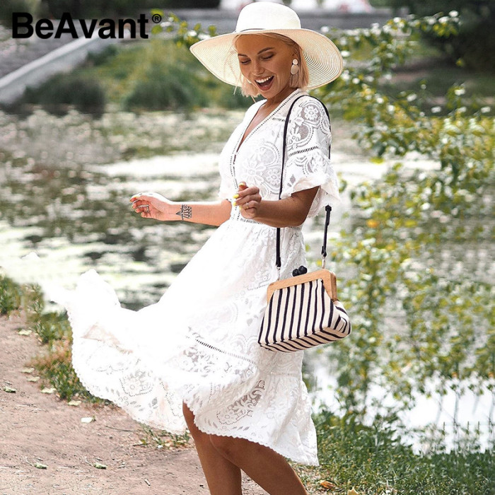 BeAvant Embroidery Lace Party Midi Dress Female Fashion High Waist Summer Dress Women 2020 Elegant Dress White Holiday Vestidos