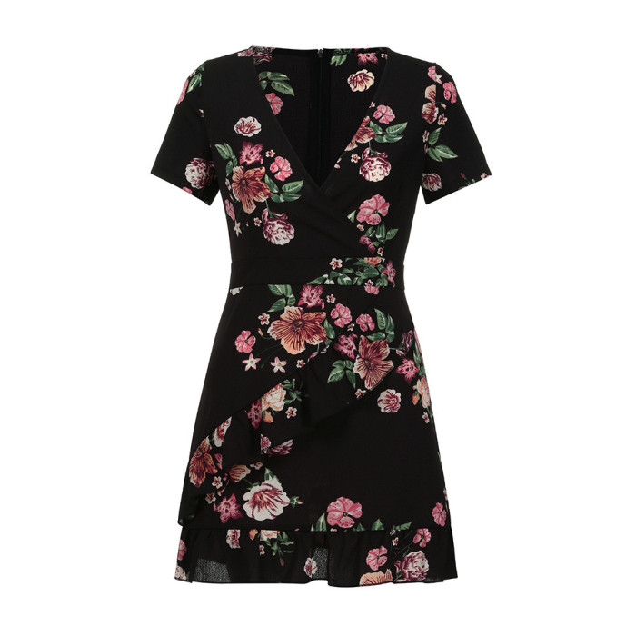 Women Mini Boho Floral Dress Summer Beach Short Sleeve V neck Evening Party bohemian beach dress 2019 Summer style W0619