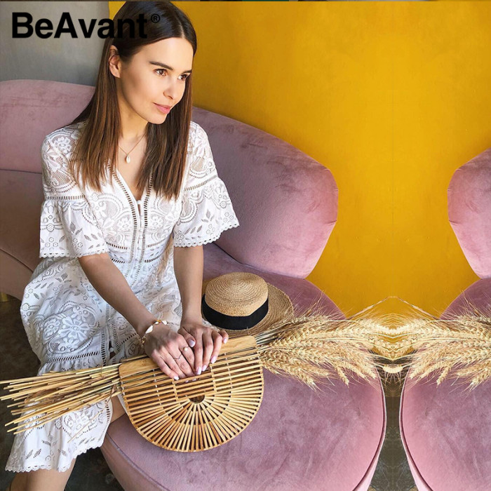 BeAvant Embroidery Lace Party Midi Dress Female Fashion High Waist Summer Dress Women 2020 Elegant Dress White Holiday Vestidos