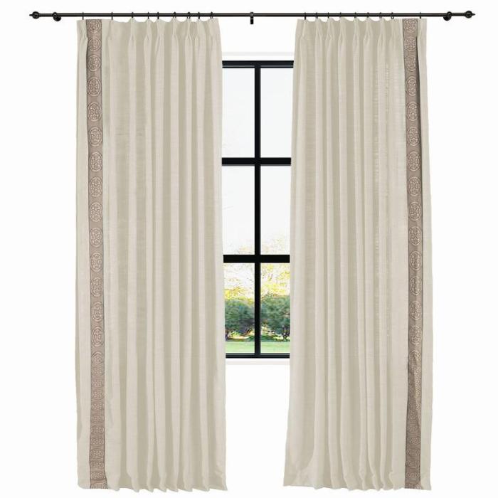AMARA Polyester Linen Curtain Drapery With Decorative Trim Custom Sold Per Pair