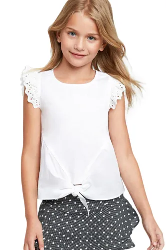 White Eyelet Sleeve Tie-front Top