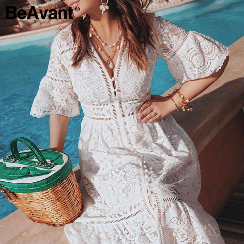 BeAvant Embroidery Lace Party Midi Dress Female Fashion High Waist Summer Dress Women 2020 Elegant Dress White Holiday Vestidos