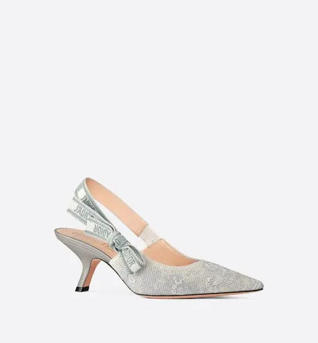 J'Adior Slingback Pump Gray and Ecru Embroidered Cotton with Toile de Jouy Motif