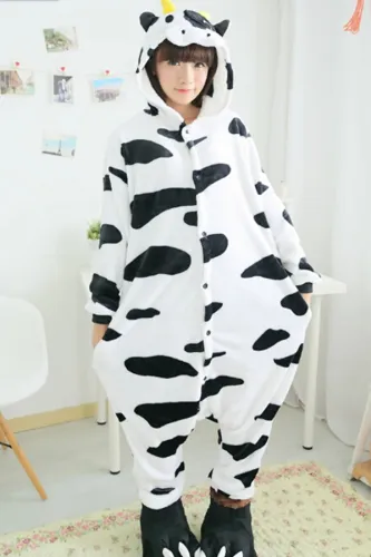 White Delicate Ladies Flannel Pajamas Cow Halloween Jumpsuit Costume