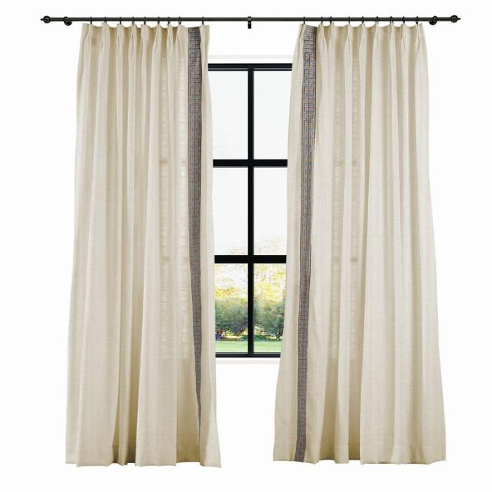 AMARA Polyester Linen Curtain Drapery With Decorative Trim Custom Sold Per Pair