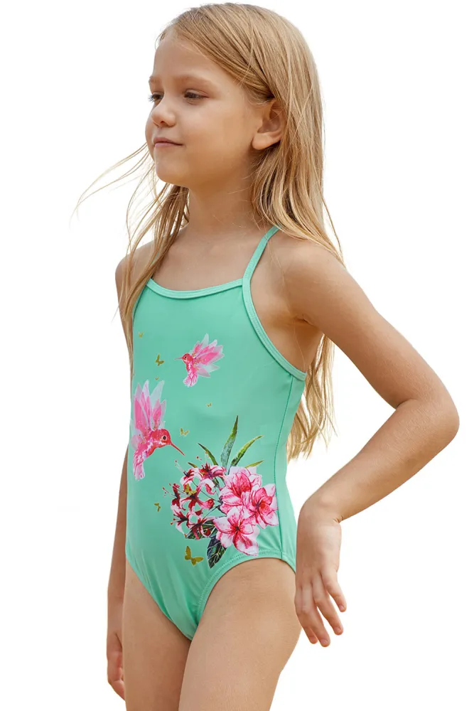 Mint Floral and Birds Little Girls One-piece Swimwear