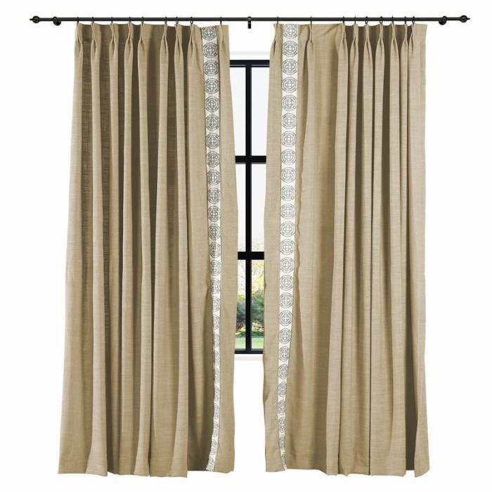 AMARA Polyester Linen Curtain Drapery With Decorative Trim Custom Sold Per Pair