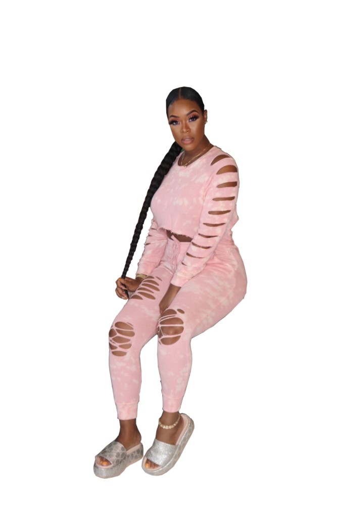 Tie Dye Two Piece Matching Ripped Pants Set