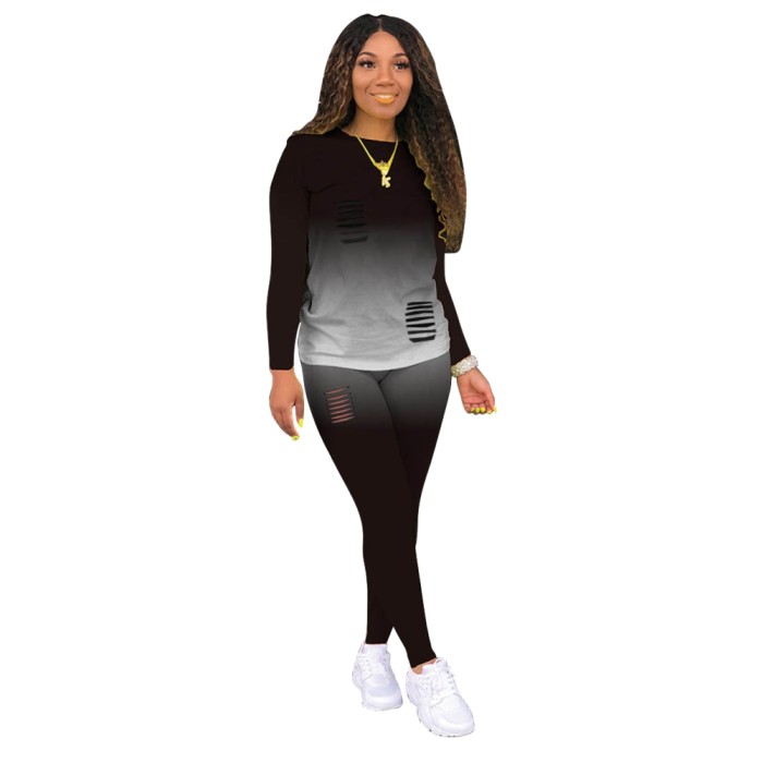 Gradient Two Piece Matching Ripped Pants Set
